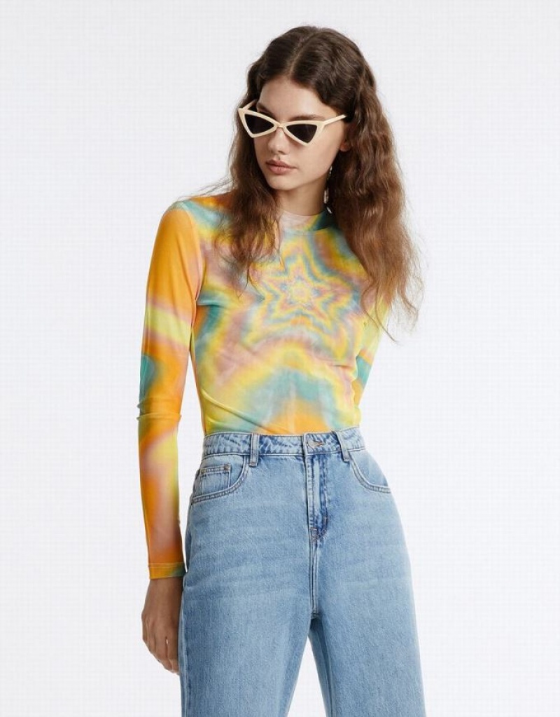 Multicolor Urban Revivo Star Print Mesh Women's T-Shirts | 12450VKMY