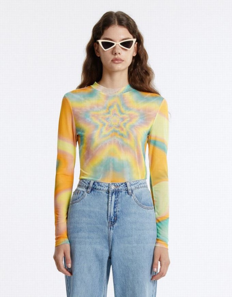 Multicolor Urban Revivo Star Print Mesh Women's T-Shirts | 12450VKMY