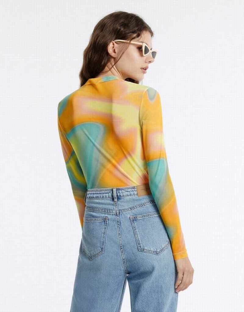 Multicolor Urban Revivo Star Print Mesh Women's T-Shirts | 12450VKMY