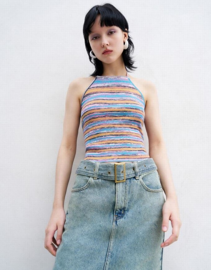 Multicolor Urban Revivo Striped Crew Neck Knitted Top Women\'s Cardigan | 73524OJZT