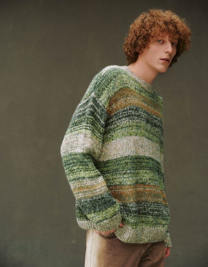Multicolor Urban Revivo Striped Crew Neck Knitted Men's Cardigan | 50821ZSGH
