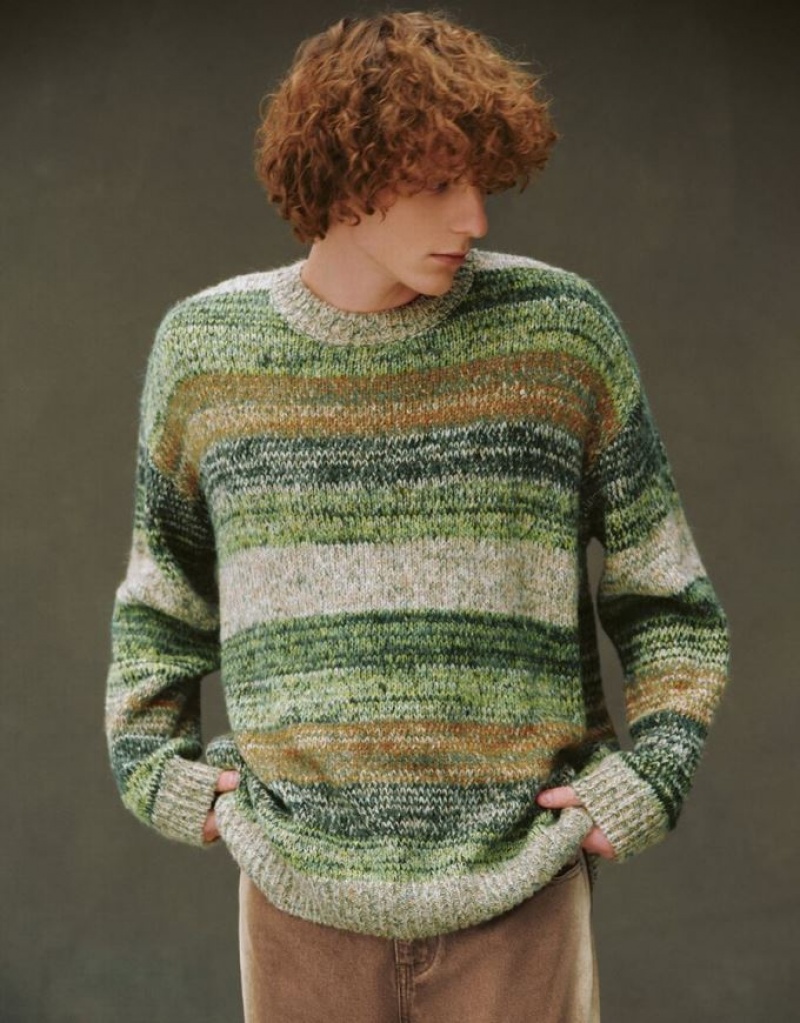 Multicolor Urban Revivo Striped Crew Neck Knitted Men\'s Cardigan | 50821ZSGH