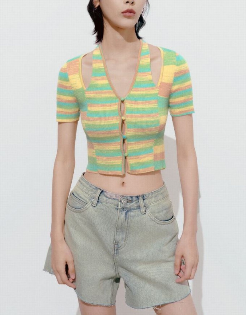Multicolor Urban Revivo Striped Cut-Out Knitted Women's Cardigan | 93087IZWF
