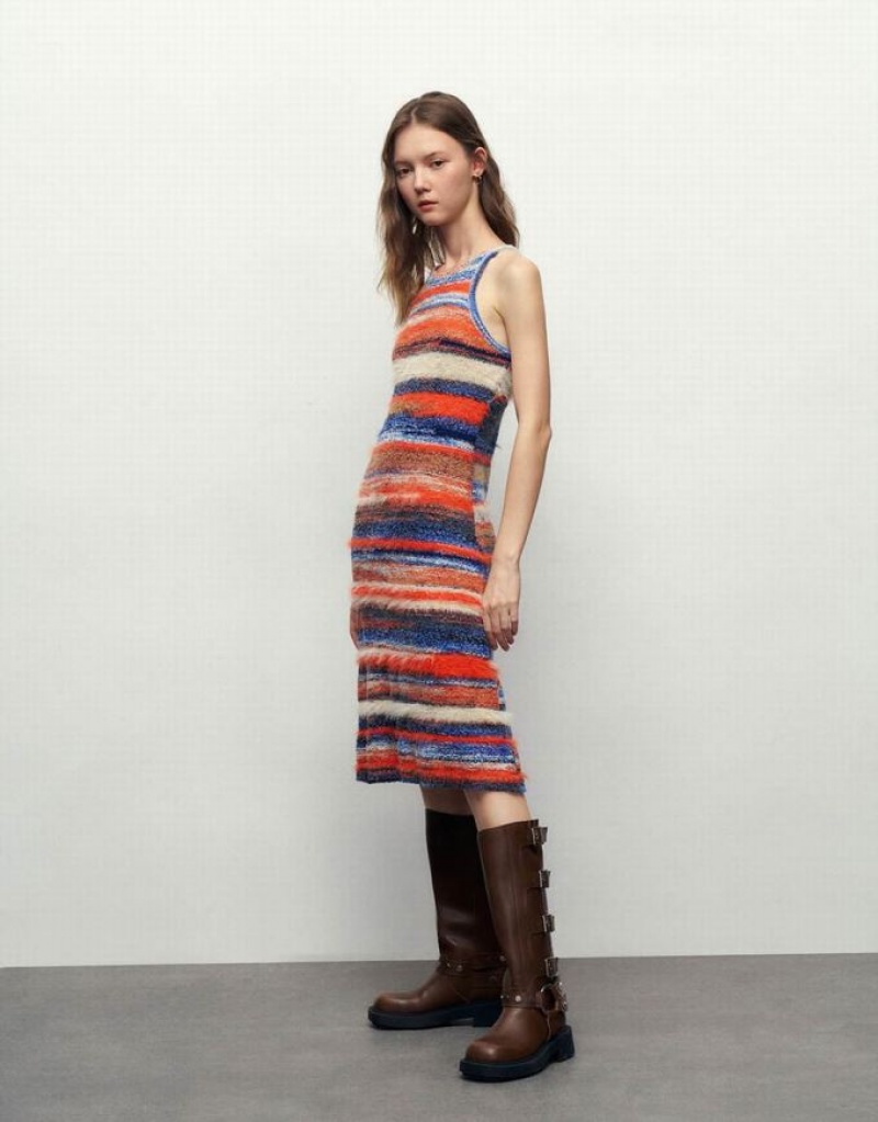 Multicolor Urban Revivo Striped Sleeveless Crew Neck Women's Knitted Dress | 01269KANG