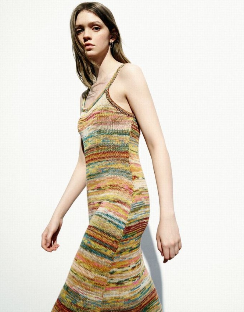 Multicolor Urban Revivo Striped V-Neck Cami Women's Knitted Dress | 72356QRBM
