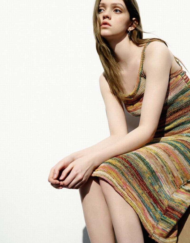 Multicolor Urban Revivo Striped V-Neck Cami Women's Knitted Dress | 72356QRBM