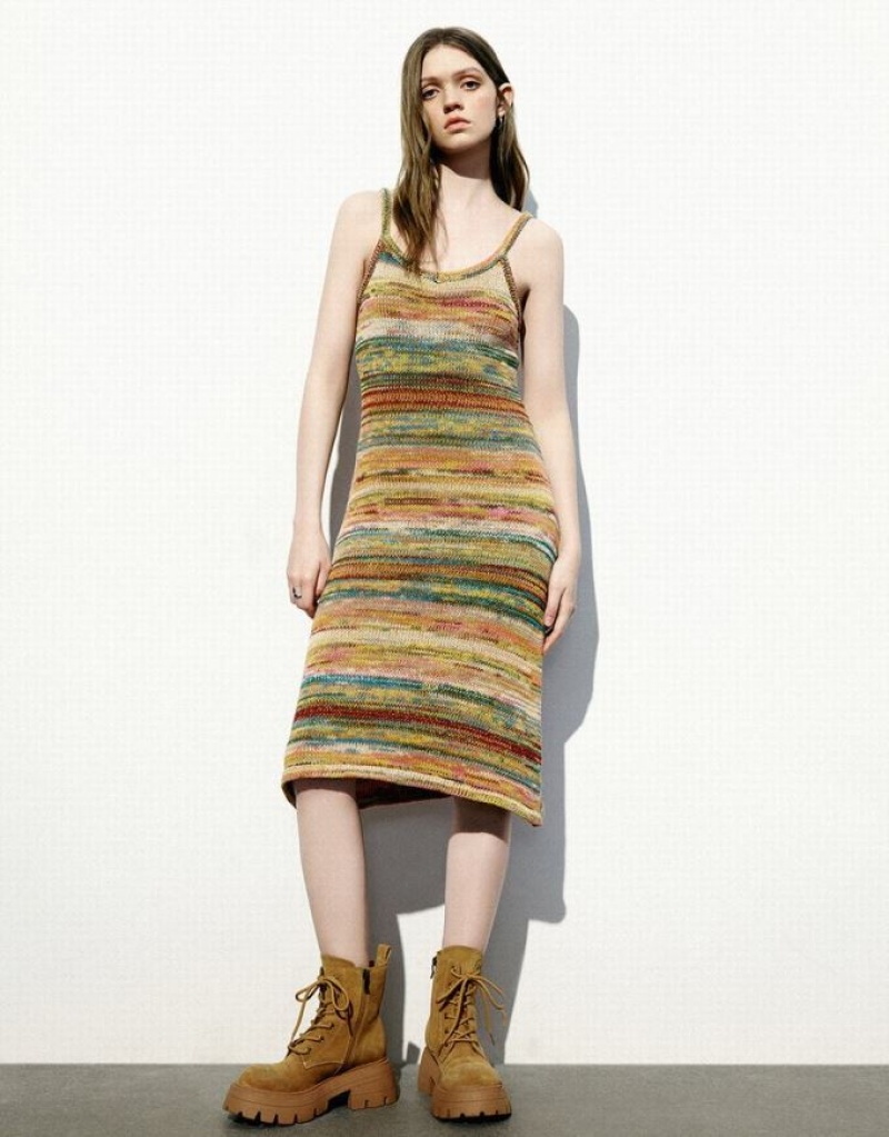 Multicolor Urban Revivo Striped V-Neck Cami Women\'s Knitted Dress | 72356QRBM