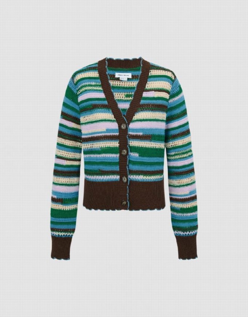 Multicolor Urban Revivo Striped V-Neck Knitted Women's Cardigan | 14825ATMK
