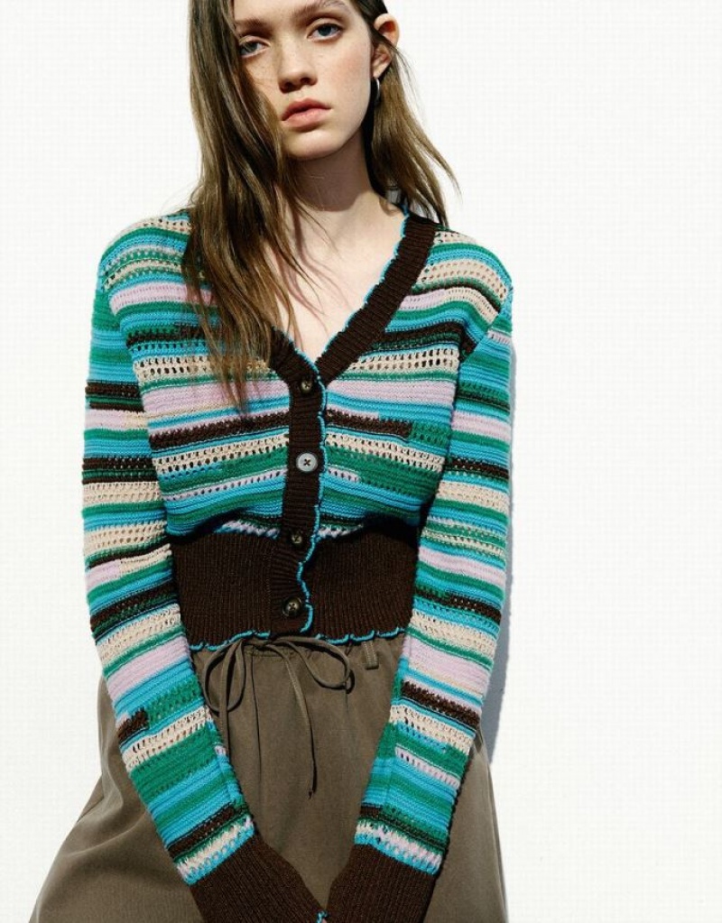 Multicolor Urban Revivo Striped V-Neck Knitted Women's Cardigan | 14825ATMK