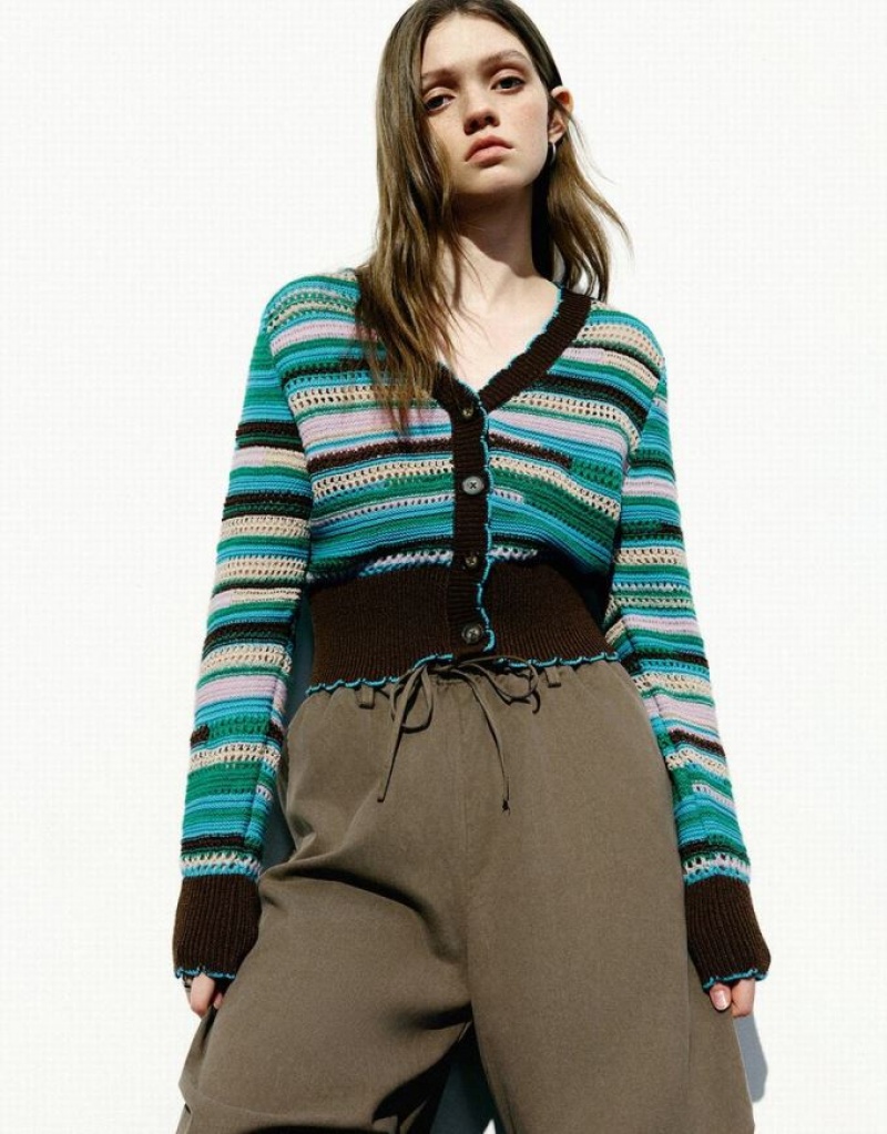 Multicolor Urban Revivo Striped V-Neck Knitted Women\'s Cardigan | 14825ATMK