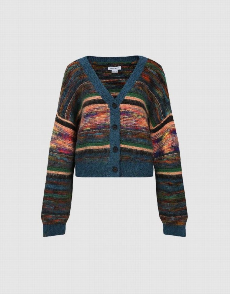 Multicolor Urban Revivo Striped V-Neck Knitted Women's Cardigan | 84056OQFB