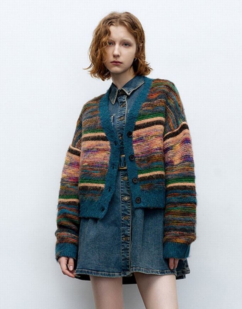 Multicolor Urban Revivo Striped V-Neck Knitted Women\'s Cardigan | 84056OQFB