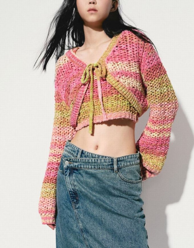 Multicolor Urban Revivo Tie Front Striped Knitted Women's Cardigan | 97285AQPJ