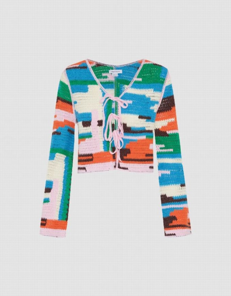 Multicolor Urban Revivo Tie Front Striped V-Neck Knitted Women's Cardigan | 35067AOHT