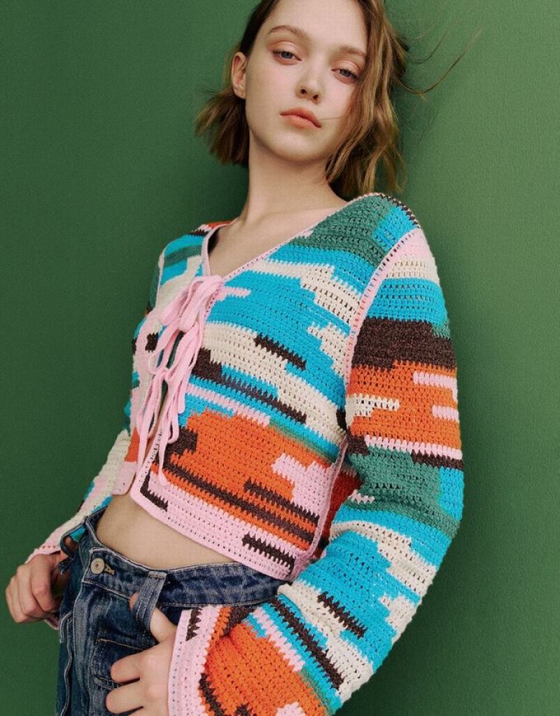 Multicolor Urban Revivo Tie Front Striped V-Neck Knitted Women's Cardigan | 35067AOHT