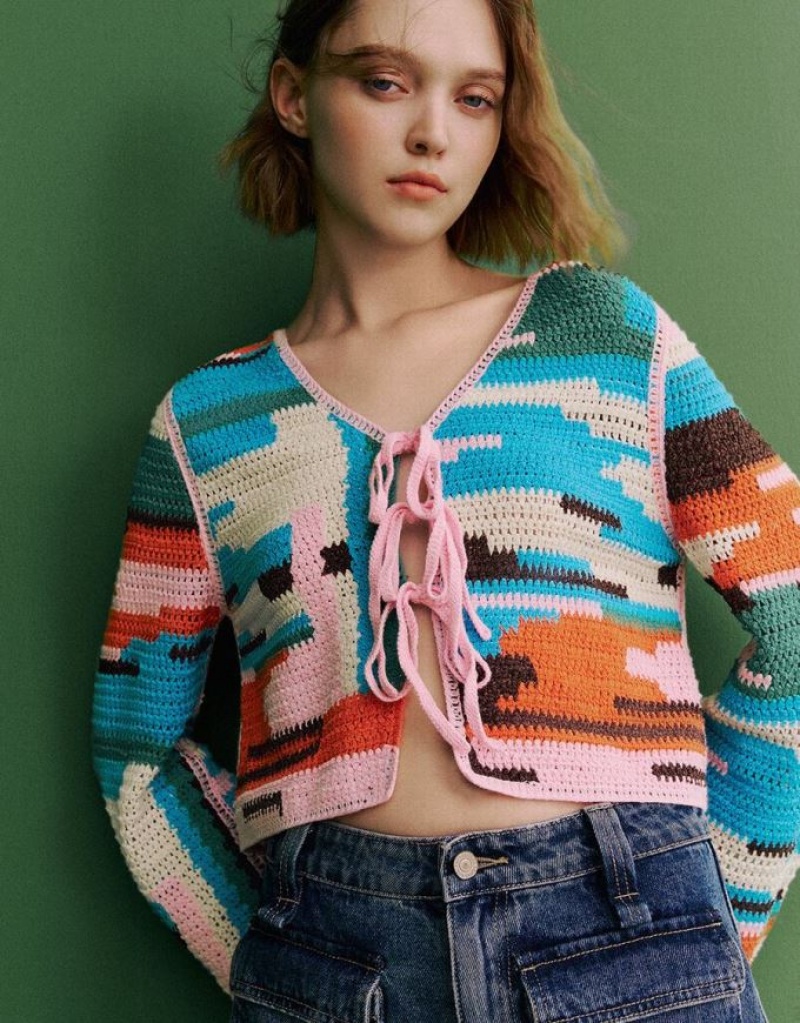 Multicolor Urban Revivo Tie Front Striped V-Neck Knitted Women's Cardigan | 35067AOHT
