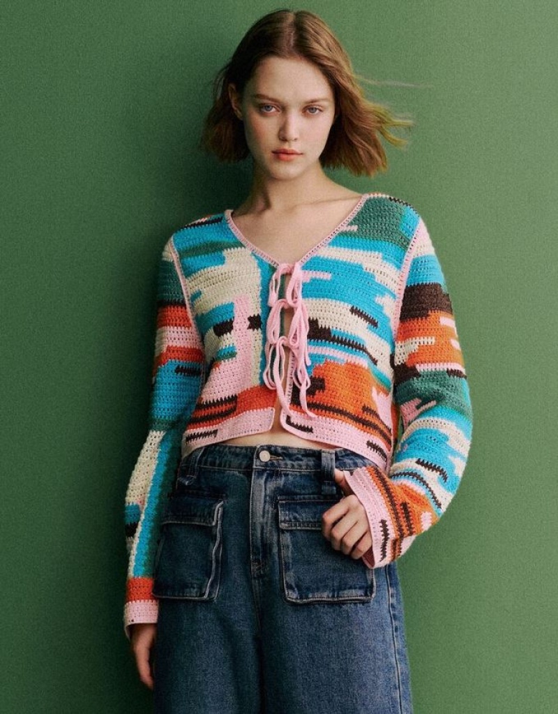 Multicolor Urban Revivo Tie Front Striped V-Neck Knitted Women\'s Cardigan | 35067AOHT