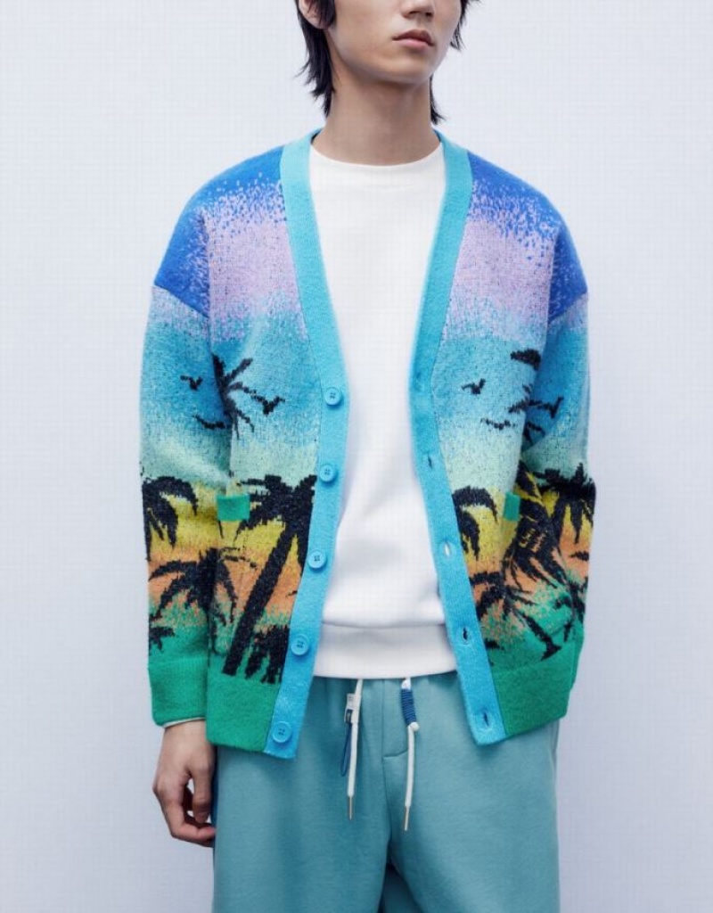 Multicolor Urban Revivo Tropical Pattern Knitted Men's Cardigan | 01327IVMW