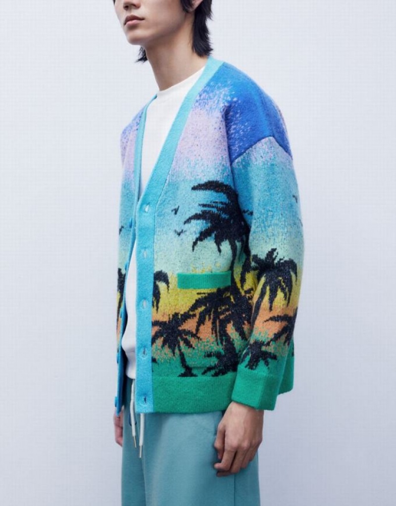 Multicolor Urban Revivo Tropical Pattern Knitted Men's Cardigan | 01327IVMW