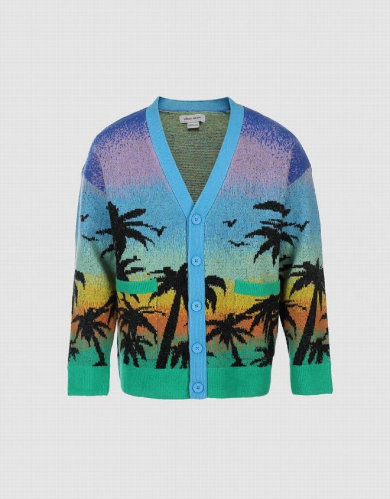 Multicolor Urban Revivo Tropical Pattern Knitted Men\'s Cardigan | 01327IVMW