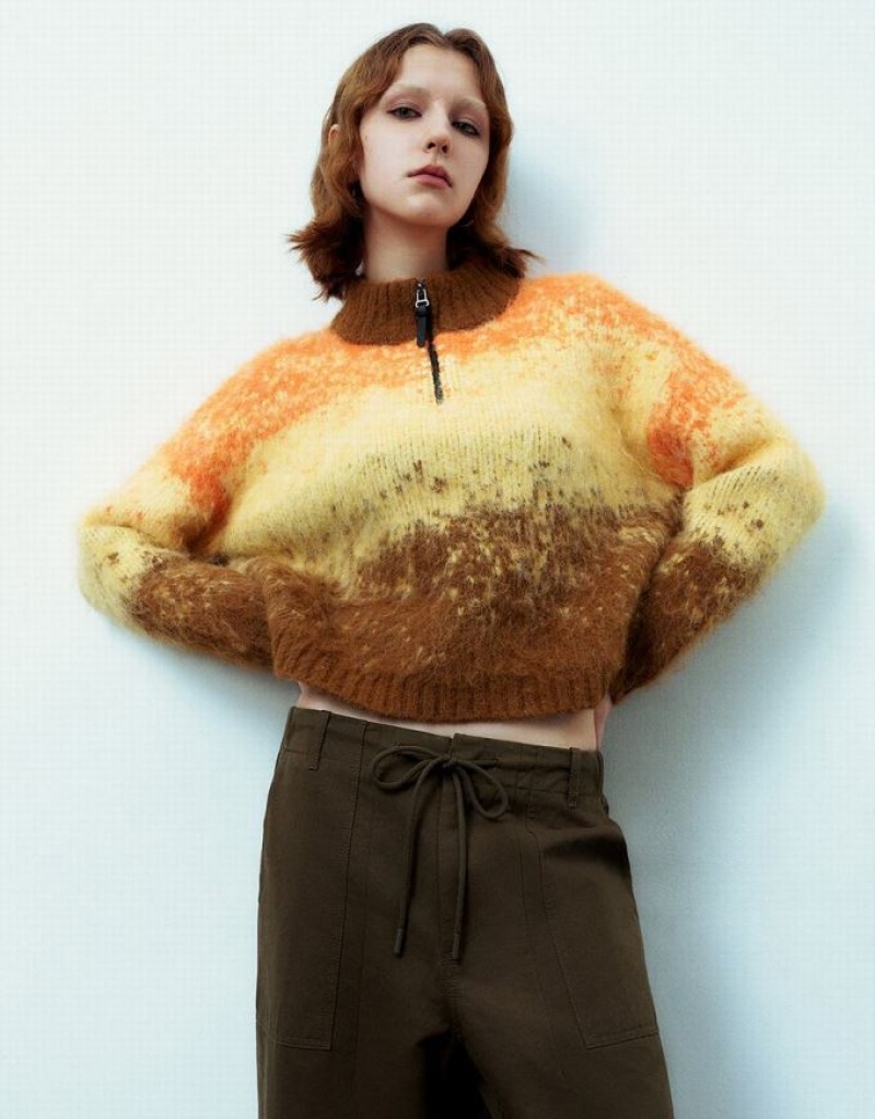 Multicolor Urban Revivo Zip Half Placket Striped Furry Knitted Women\'s Cardigan | 98736VEGJ