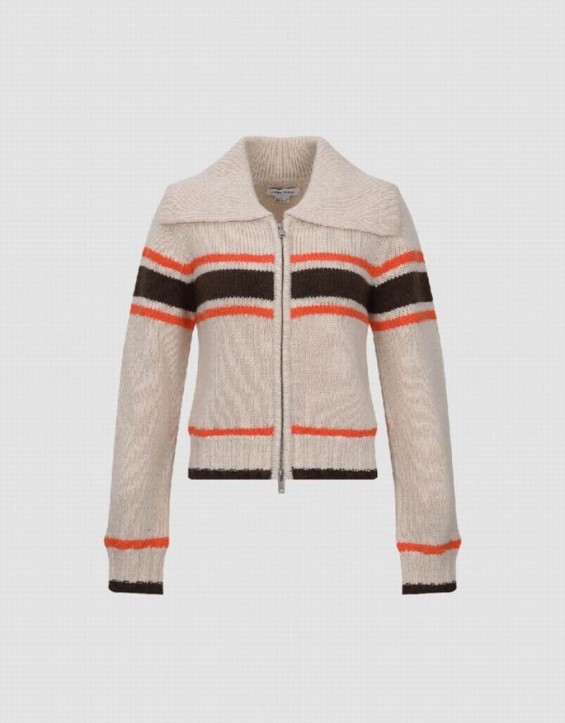 Multicolor Urban Revivo Zipper Front Striped Knitted Women's Cardigan | 80246EAQK