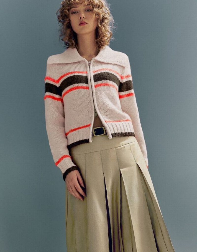 Multicolor Urban Revivo Zipper Front Striped Knitted Women's Cardigan | 80246EAQK