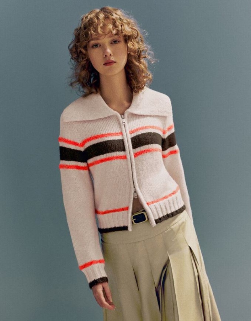 Multicolor Urban Revivo Zipper Front Striped Knitted Women\'s Cardigan | 80246EAQK