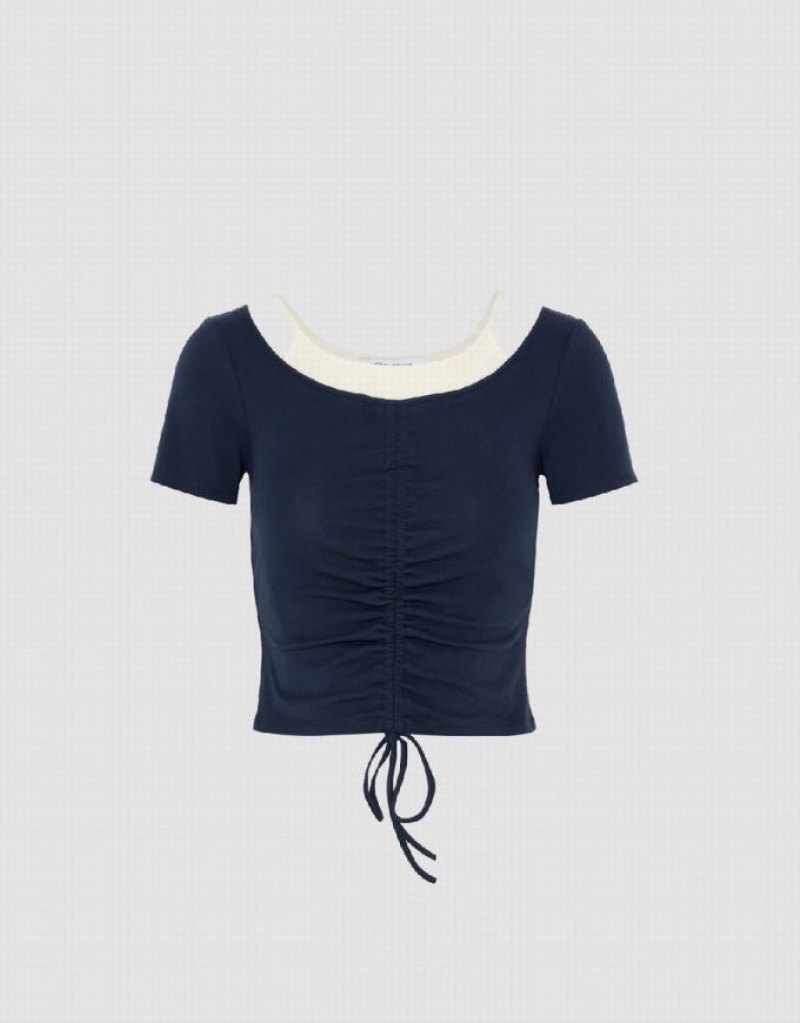 Navy Urban Revivo 2 In 1 Crew Neck Skinny Women's T-Shirts | 05824YNHD