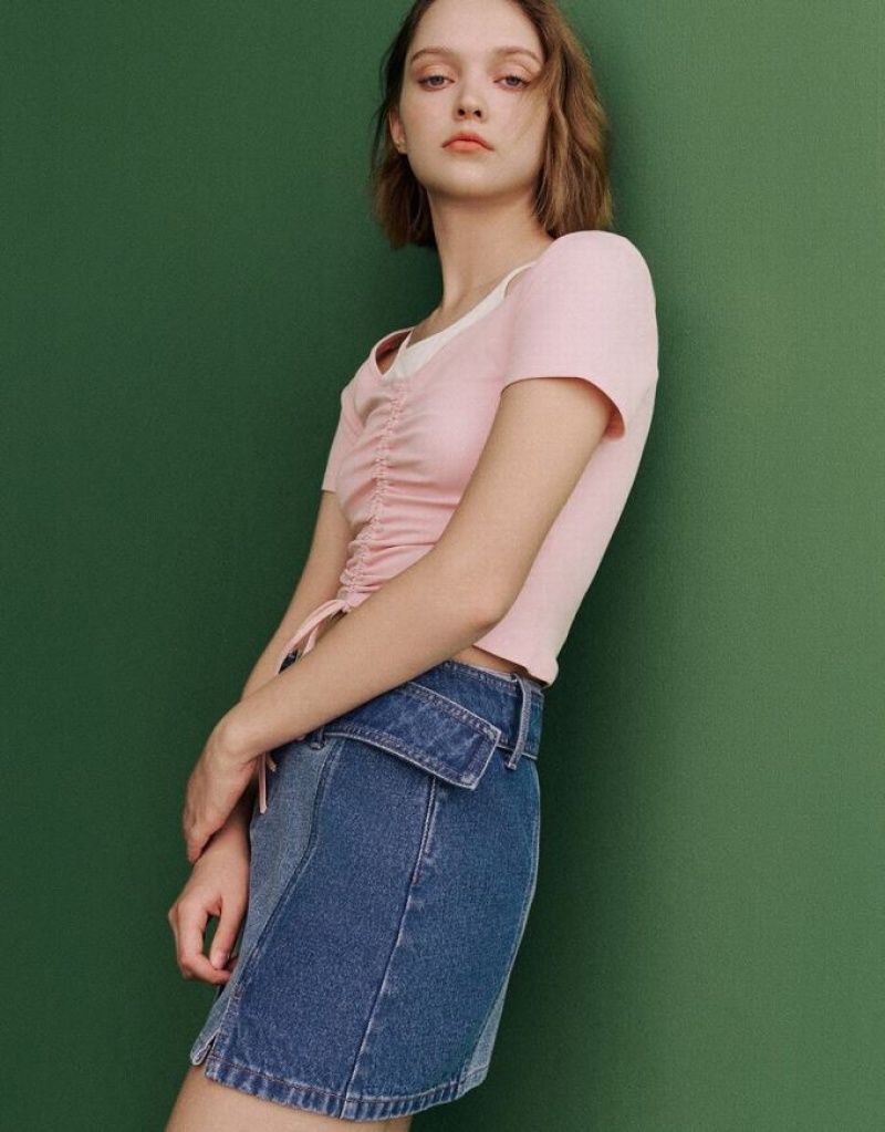 Pink Urban Revivo 2 In 1 Crew Neck Skinny Women's T-Shirts | 81256ZDVE
