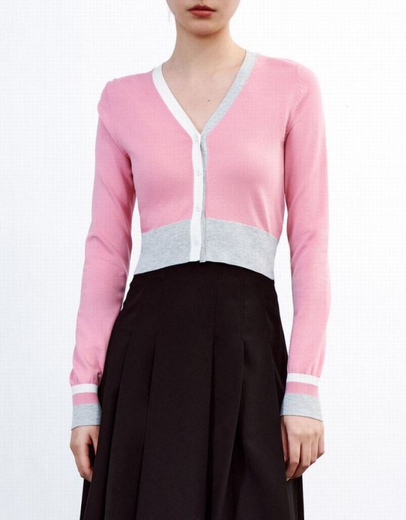 Pink Urban Revivo Color Block Fitted Women's Cardigan | 92138LHBP