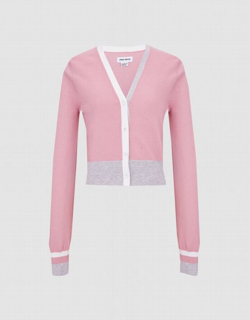 Pink Urban Revivo Color Block Fitted Women\'s Cardigan | 92138LHBP