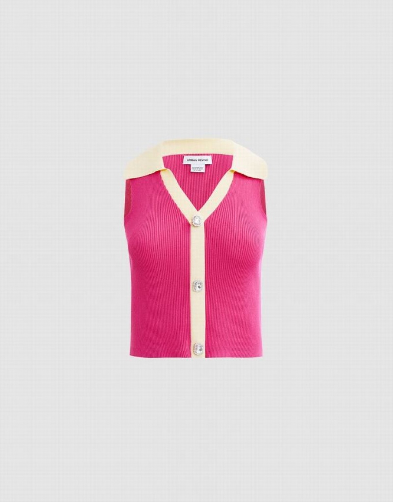 Pink Urban Revivo Contrast Color Knit Women's Tank Top | 96138EPDR