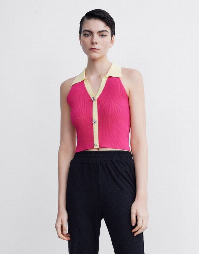 Pink Urban Revivo Contrast Color Knit Women\'s Tank Top | 96138EPDR
