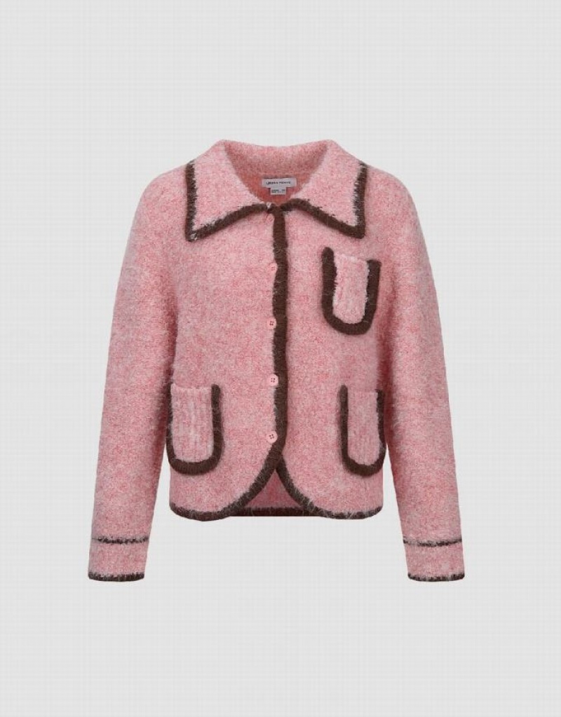 Pink Urban Revivo Multi-Pocket Furry Knitted Women's Cardigan | 65974MVZP