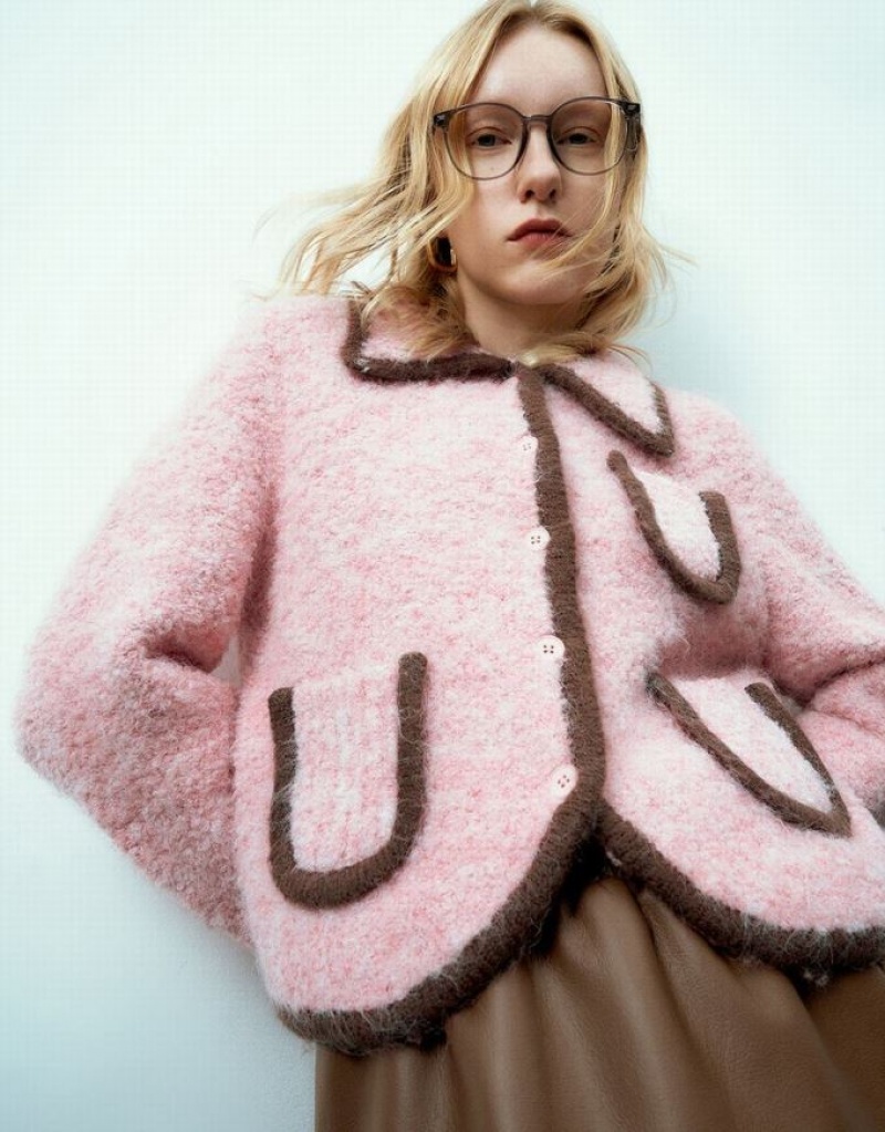 Pink Urban Revivo Multi-Pocket Furry Knitted Women's Cardigan | 65974MVZP