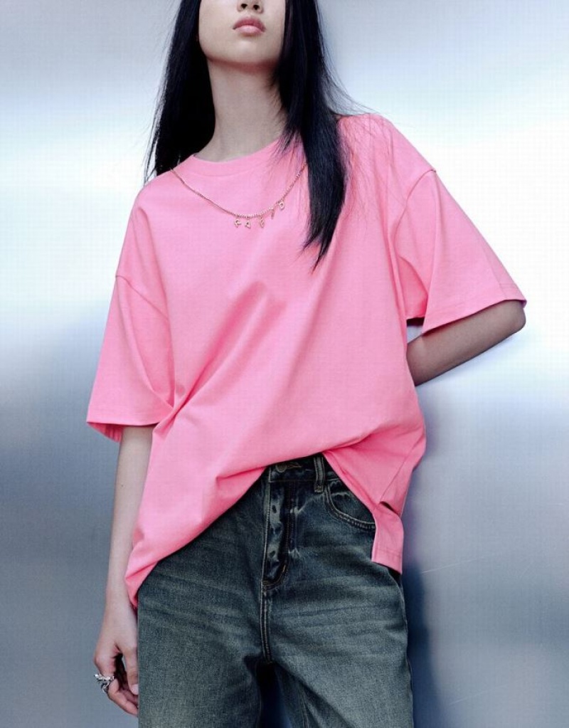 Pink Urban Revivo Necklace Decor Crew Neck Loose Women's T-Shirts | 42709SCOM