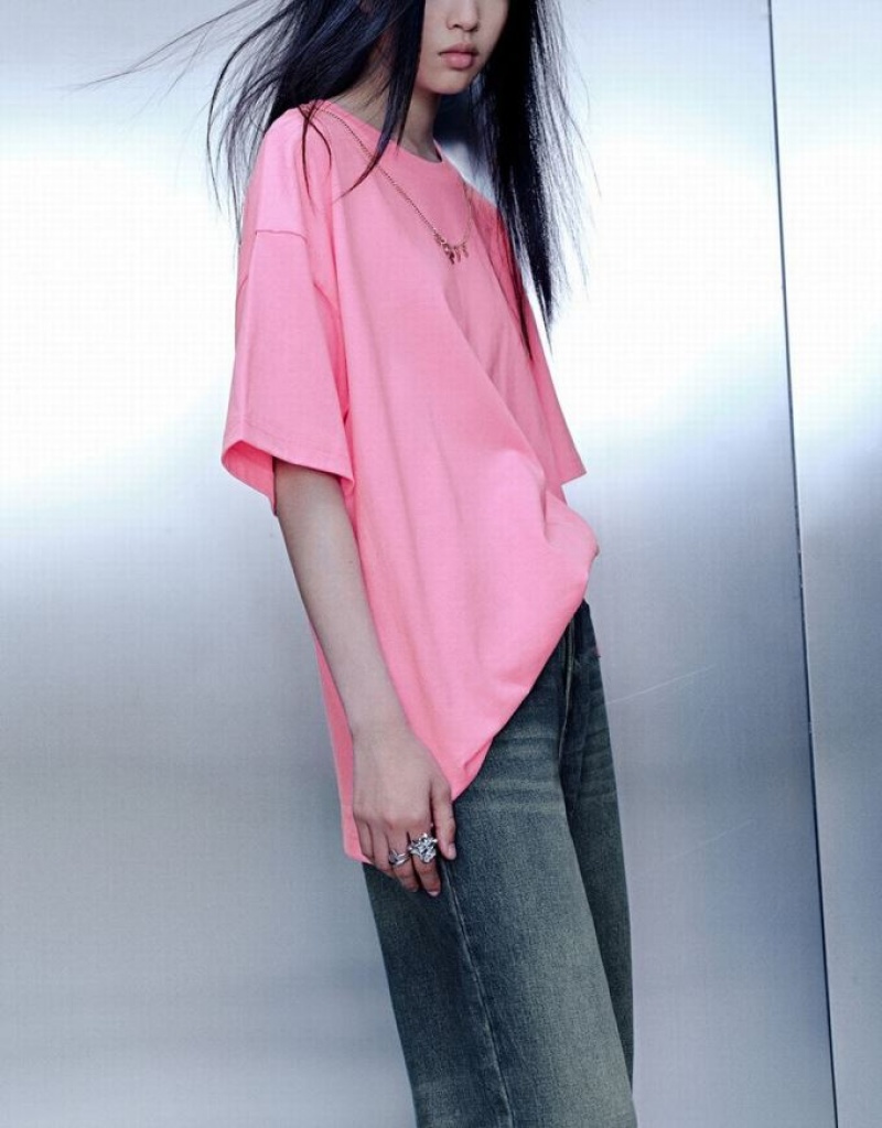Pink Urban Revivo Necklace Decor Crew Neck Loose Women's T-Shirts | 42709SCOM