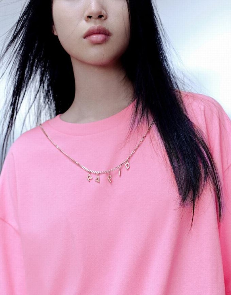 Pink Urban Revivo Necklace Decor Crew Neck Loose Women's T-Shirts | 42709SCOM