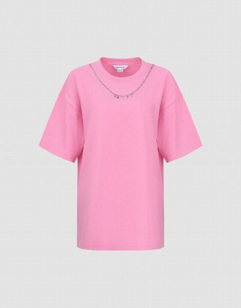 Pink Urban Revivo Necklace Decor Crew Neck Loose Women\'s T-Shirts | 42709SCOM