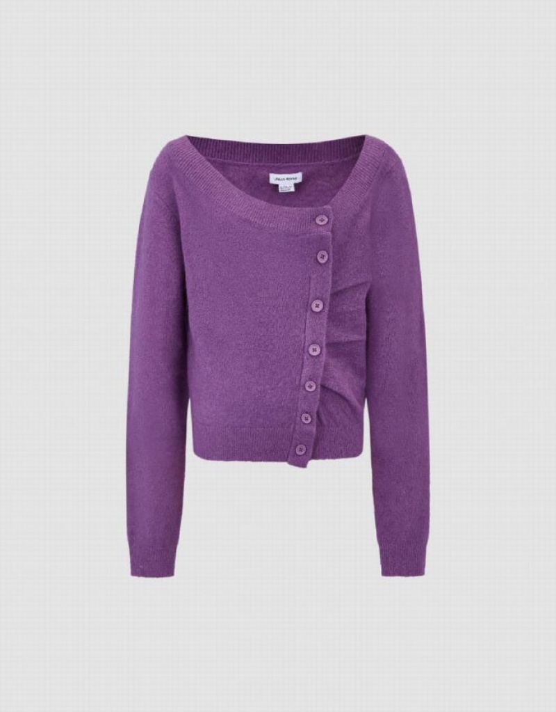 Purple Urban Revivo Button Decor V-Neck Knitted Women's Cardigan | 18905BJWN
