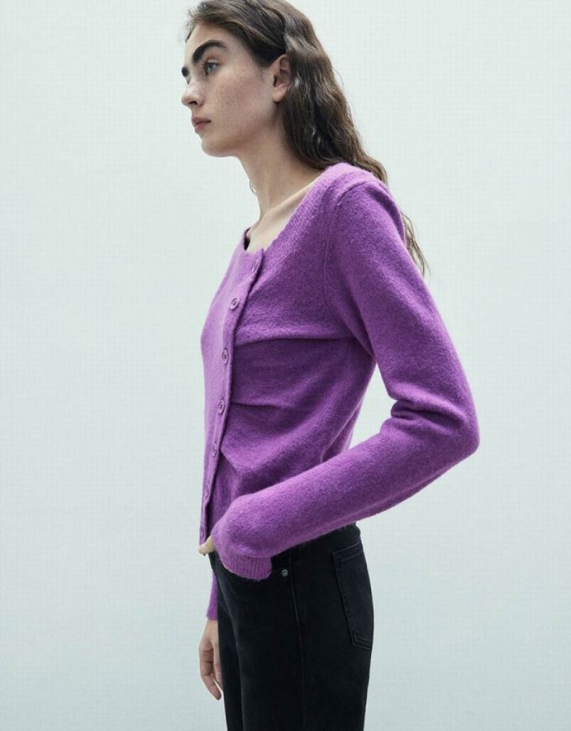 Purple Urban Revivo Button Decor V-Neck Knitted Women's Cardigan | 18905BJWN
