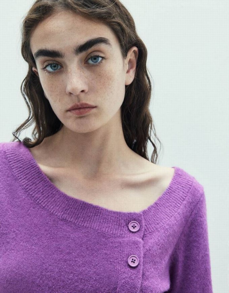 Purple Urban Revivo Button Decor V-Neck Knitted Women's Cardigan | 18905BJWN