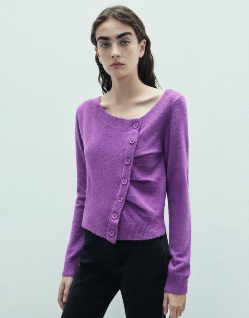 Purple Urban Revivo Button Decor V-Neck Knitted Women\'s Cardigan | 18905BJWN