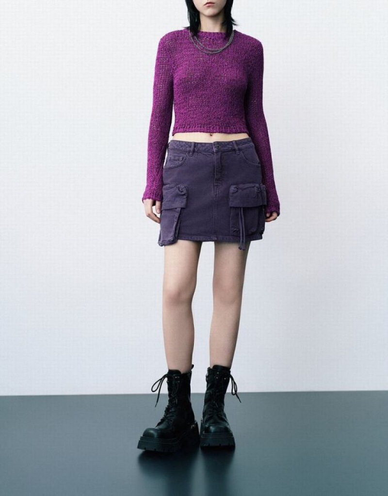 Purple Urban Revivo Multi-Pocket Straight Women's Denim Skirt | 92706ORWJ