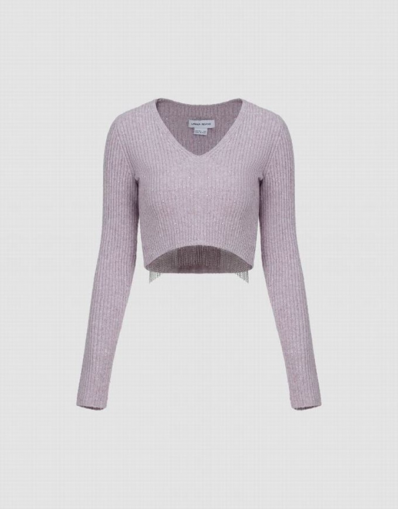Purple Urban Revivo Rhinestone Decor V-Neck Knitted Women's Cardigan | 71639FSED