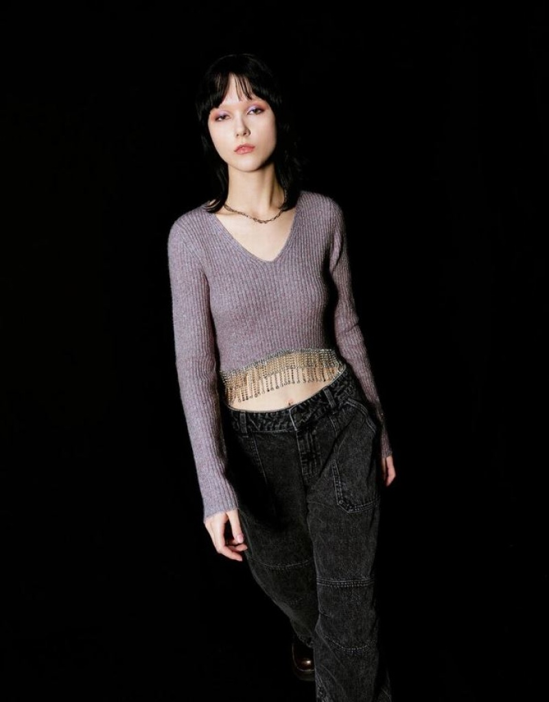 Purple Urban Revivo Rhinestone Decor V-Neck Knitted Women's Cardigan | 71639FSED