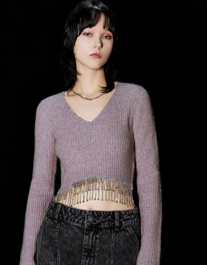 Purple Urban Revivo Rhinestone Decor V-Neck Knitted Women's Cardigan | 71639FSED