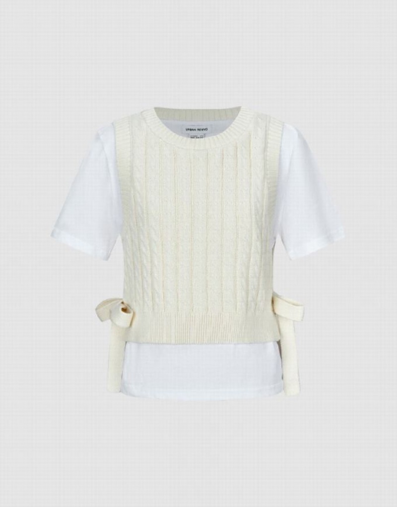 White Urban Revivo 2 In 1 Crew Neck Knitted Women's Cardigan | 17392DGEY