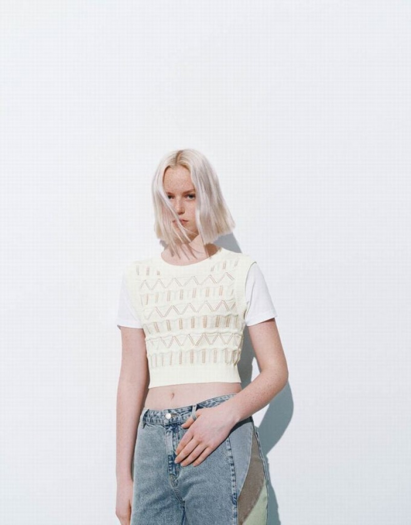 White Urban Revivo 2 In 1 Crew Neck Knitted Women's Cardigan | 52831EUZM